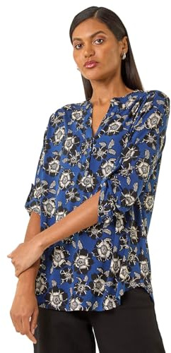 Roman Shirt for Women UK Ladies Top Collarless Blouse Stretchy Tunic Smart Casual Autumn Winter Jersey 3/4 Length Sleeve Notch V Neck Flattering Office Work - Size 20 - Blue Multi