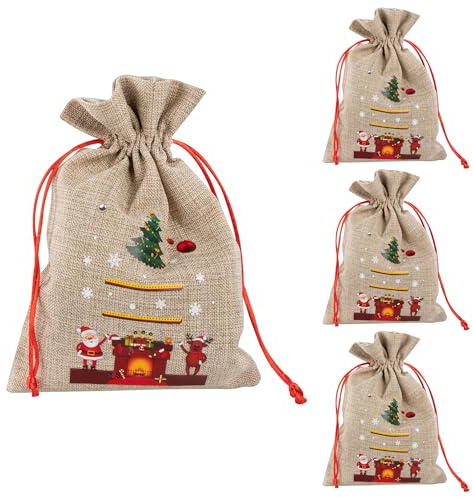 Idena 90467 - Weihnachtsgeschenkesäcke ca. 15 x 22 cm, 4 Stück, Stoffbeutel mit Weihnachtsmann-Motiv und Rentier, Weihnachtssack mit roter Kordel