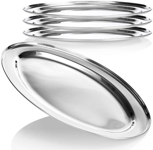 com-four® Set de 4 bandejas de Acero Inoxidable, diseño Ovalado para Servir y Decorar, Platos Decorativos para Bodas cumpleaños y Celebraciones (45x29cm - 4 Piezas)