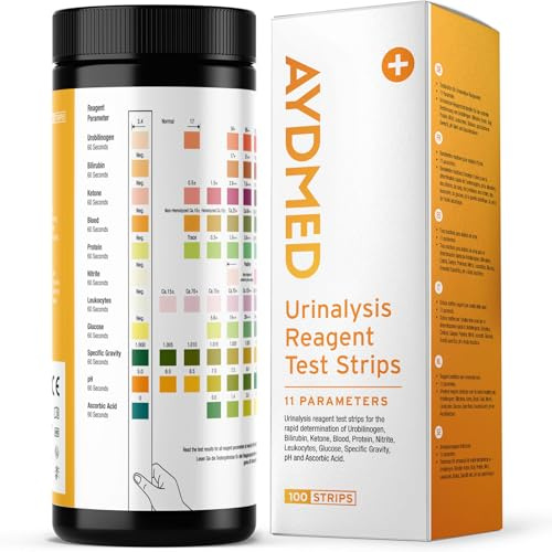 100 x AYDMED 11-in-1 Urine Test Strips | Rapid Urinalysis Tests for Self-Testing Urobilinogen, Bilirubin, Ketone, Blood, Protein, Nitrite, Leukocytes, Glucose, Specific Gravity, pH & Ascorbic Acid