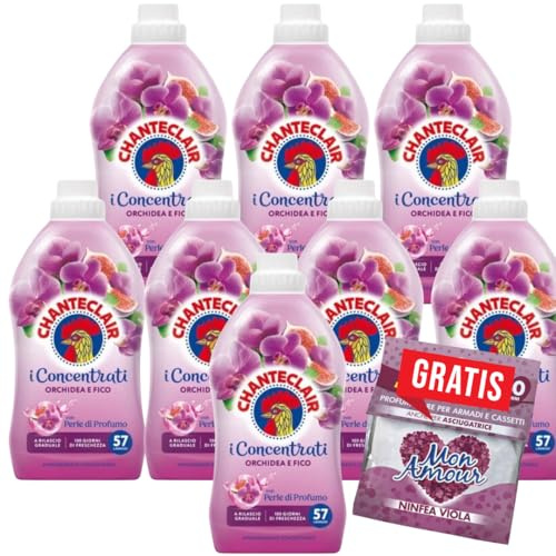 Chante clair Ammorbidente Concentrato Orchidea e Fico 57 lavaggi, 8 Flaconi, Profumo Intenso e Lunga Durata, Fino a 456 Lavaggi, con Omaggio Mon Amour Profumatore Biancheria Ninfea Viola