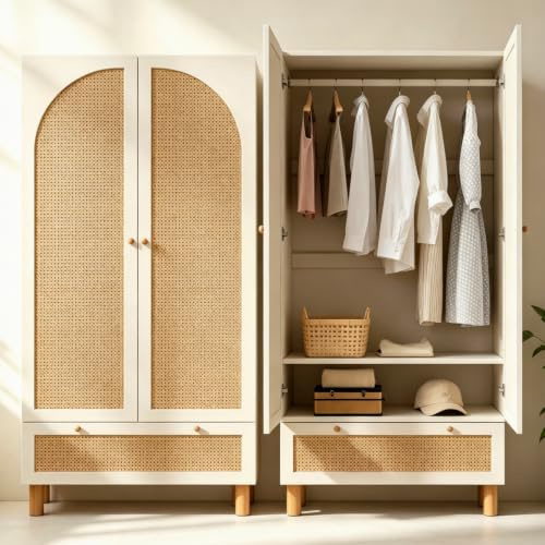 luckdect Armoire de Chambre,Armoire en Rotin,Garde-Robe Penderie Meuble Rangement 2 Portes,1 Tiroirs,2 Étagères,Tringle à VêTements,Placard Vestiaire Chambre Entrée Adulte