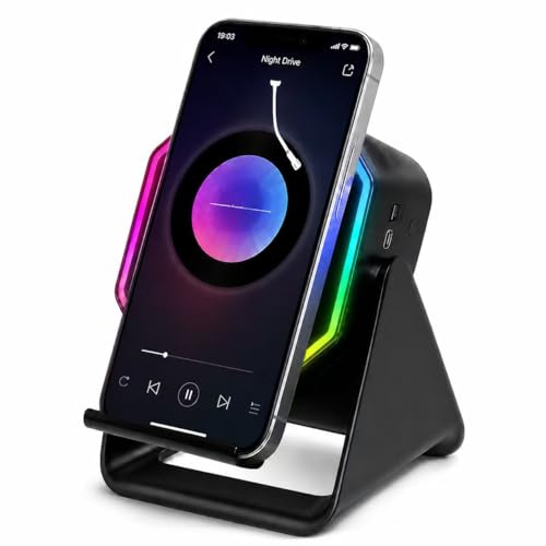 Induction Speaker Phone Stand with RGB Light, 360° Adjustable Audio Amplifier Dock, Desktop Holder Compatible with iPhone, Samsung, iPad for Home Office Travel Gift