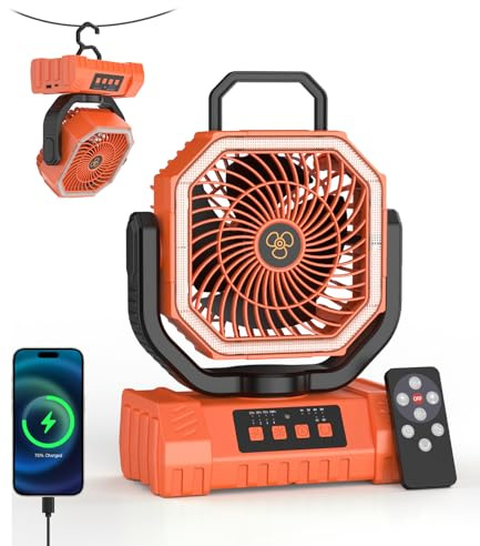 DoXtreme Outdoor Camping Fan with Light, 20000 mAh Camping Fan with Remote Control, Portable Rechargeable, Lamp & Power Bank, 4 Speed, Battery Powered for Tent,Travel,Fishing,RV (Orange)