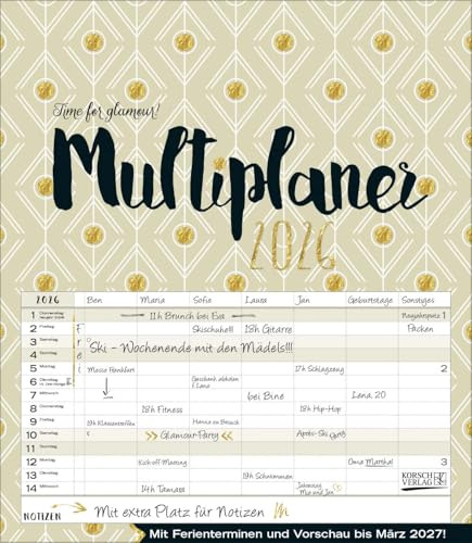 Multiplaner - Time for glamour 2026: Typo-Art Familienplaner, 7 breite Spalten. Schöner Familienkalender mit Ferienterminen, extra Spalte, Vorschau für 2027. Format: 40x46 cm