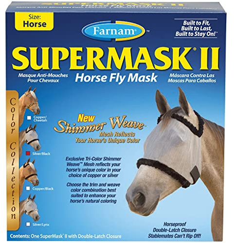 Farnam SuperMask II Shimmer Weave Mesh Horse Fly Mask Without Ears, Eye Protection from Insect Pests, Soft Silver Mesh with Black Plush Trim, Horse Size