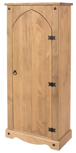 Corona Pantry Cupboard Storage Cabinet - Rustic Waxed Vestry Design with Metal Detailing, Arched Door & Adjustable Shelves for Kitchen, Hallway, Living Room & Dining Area, Classic Mexican Style