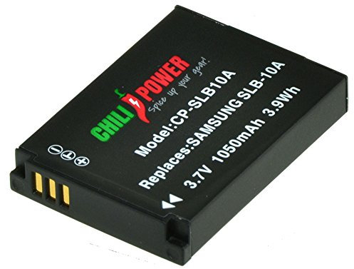 ChiliPower Samsung SLB-10A, SBL-10A Batterie (1050mAh) pour Samsung ES50, ES55, ES60, EX2F, HMX-U10, HMX-U20, HZ10W, HZ15W, IT100, L100, L110, L200, L210, L310W, M100, M110, M310W, NV9, P800, P1000, PL50, PL51, PL55, PL60, PL65, PL70, SL102, SL202, SL310, SL420, SL502, SL620, SL720, SL820, TL9, WB150F, WB250F, WB350F, WB500, WB550, WB750, WB800F, WB850F, WB1100F, WB2100