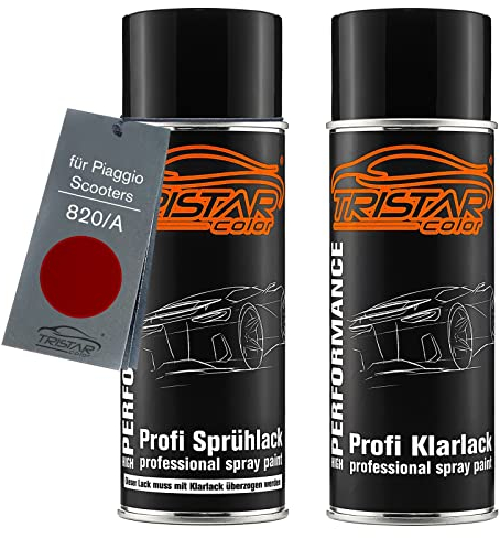 TRISTARcolor Motorradlack Spraydosen Set für Piaggio Scooters 820/A Rosso Vintage Basislack Klarlack Sprühdose 400ml