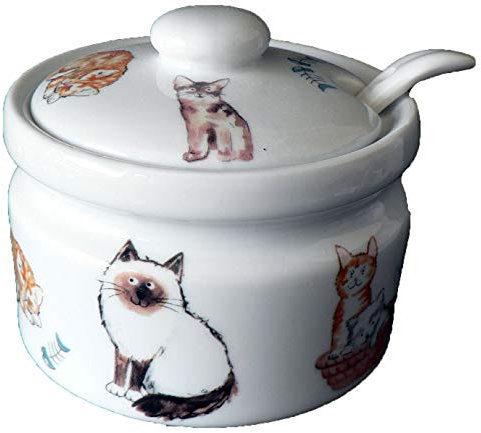 crackinchina Cat ceramic preserve pot & spoon Porcelain jam pot decorated all round with different cute cats