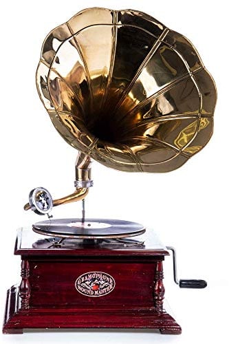 Trichter Grammophon „His Masters Voice“ – Vintage Musikgerät im Stil der 20er aus Holz & Messing, voll funktionsfähig mit Handkurbel, inkl. Schellackplatte & Ersatznadeln,Deko & Abspielgerät