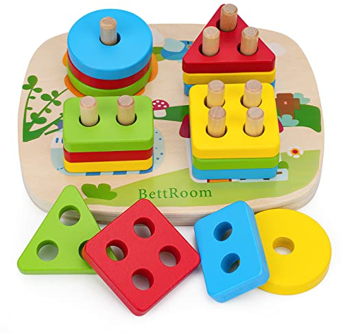 BettRoom Toddler Toys 1 2 Year Old, Montessori Stacking Toys Colourful Wooden Sensory Toy Pre-school Learning Shape Sorter Judgment Geometry Building Blocks Stack Classification Puzzle