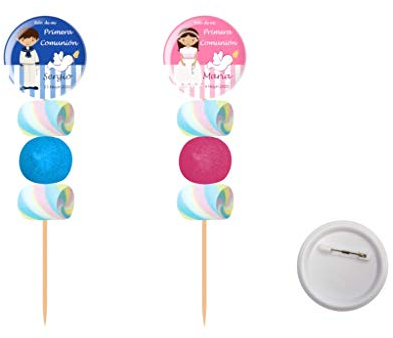 Lote de 30 Originales Brochetas de Golosinas Personalizables Chapa Alfiler Comunión (A Elegir). Recuerdos. Juguetes y Regalos para Fiestas de Cumpleaños, Bodas, Bautizos y Comuniones.DC. (NIÑA)