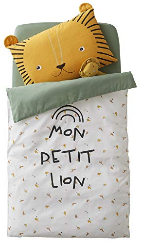 Vertbaudet Baby Wende-Bettbezug,Kleiner Löwe, Tansania wollweiß Bedruckt/grün 80X120