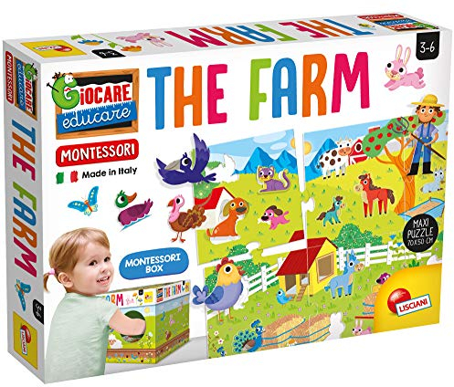 Liscianigiochi Montessori - Mi granja - Juego educativo para niños a partir de 3 años - Caja tactil y maxi puzzle con los animales de la granja