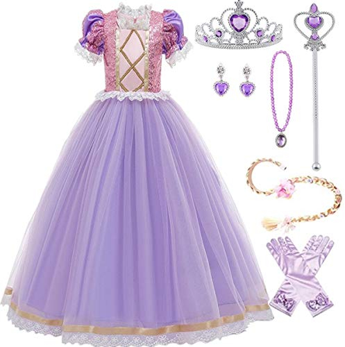Emin Rapunzel Kostüm Kinder Prinzessin Kleid Spitze Pailletten Mädchen Rapunzel Lila Festkleid Halloween Party Verkleidung Festlich Karneval