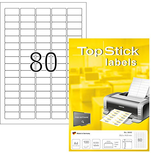 TopStick 8660 Universal Etiketten, 1000 Blatt, 35,6 x 16,9 mm, 80 pro A4 Bogen, 80000 Stück, selbstklebend, bedruckbar, matt, blanko Papier Klebeetiketten Aufkleber, weiß