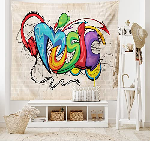 ABAKUHAUS Retro Wandteppich und Tagesdecke, Musik Graffiti Hip Hop aus Weiches Mikrofaser Stoff Waschbar ohne Verblassen Digitaldruck, 230 x 140 cm, Beige