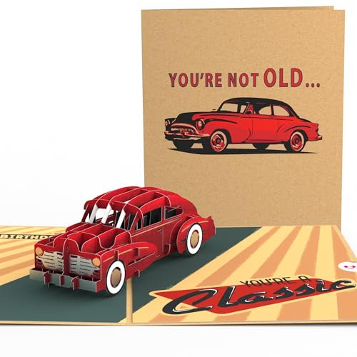 Lovepop® 3D Pop-Up Karte rotes Auto Geburtstagskarte mit klassischem Oldtimer für Vater, Sohn, Großvater, Autoliebhaber | inkl. Umschlag & Versteckfach für Geld & Gutscheine