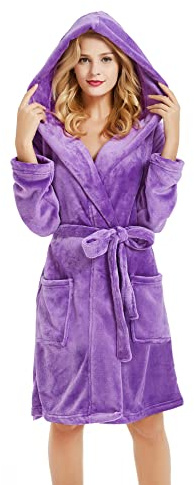 U2SKIIN Women Hooded Dressing Gown, Short Plush Fleece Bath Robes for Womens With Hood Soft Warm Spa Bathrobe (Violet-Hooded, L/XL)