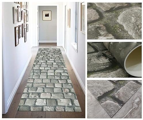 Tadi & Imperio1979, VINILOADOQUIN 02, Alfombra vinílica para salón, Cocina, Sala de Estar, entradas, baño o dormitorios con revés PVC Antideslizante diseño Digital de Piedras Grises beig con Musgo