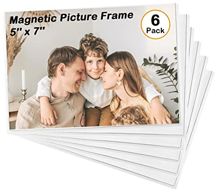 Mingting Magnetic Picture Frame, Holds 5X7 Inches Pictures, Reusable Black Magnet Fridge Photo Sleeves for Refrigerator, Locker,Office Cabinet (White, 6)