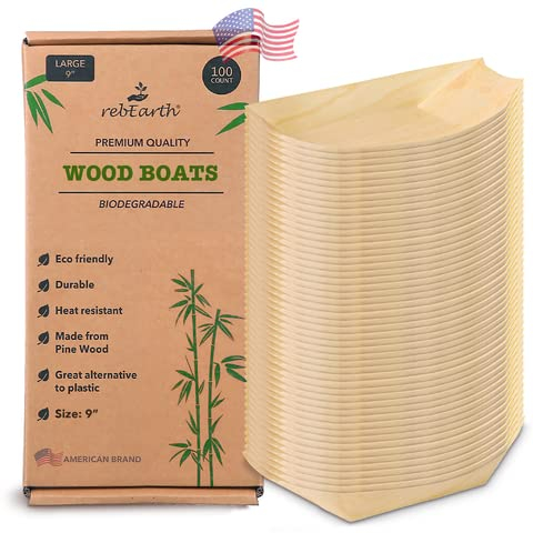 rebEarth Bamboo Wood Boat Disposable Plates Heat Resistant for Appetizer Mini Bowls Sushi Dessert Buffet Finger Party to go Hors d'oeuvres Serving Tray Bulk Catering Supplies 100 count Large Size 9