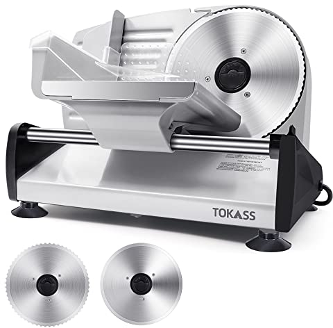 Meat Slicer, 200W Electric Deli Food Slicer with 2 Removable 7.5'' Stainless Steel Blades and Stainless Steel Tray, Adjustable Thickness for Meat Cheese Bread, Easy Clean,Child Lock Protection