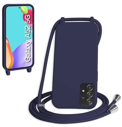 WenBaby Coque avec Cordon pour Samsung Galaxy A52/A52S,Collier pour Étui bandoulière Colliers de cellulaire Mince Antichoc Réglable Lanyard Silicone Case,Bleu Marin