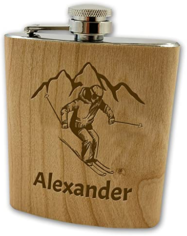 Holz Flachmann mit Name graviert | Geschenkidee Vatertag Männertag | Gravur personalisiertes Geschenk Camping (Ski)