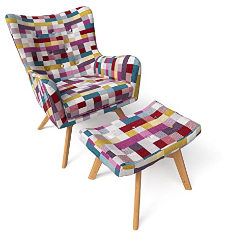 Supellex Sessel Manhattan mit Hocker, Design Patchwork kariert bunt Fancy