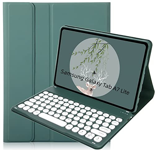 Keyboard Case for Samsung Galaxy Tab A7 Lite 8.7 2021, Candy Colors Detachable Round Keys Wireless Keyboard (USB C Port) Slim Cover for Model SM-T220 T225 T227 (Deep Green)