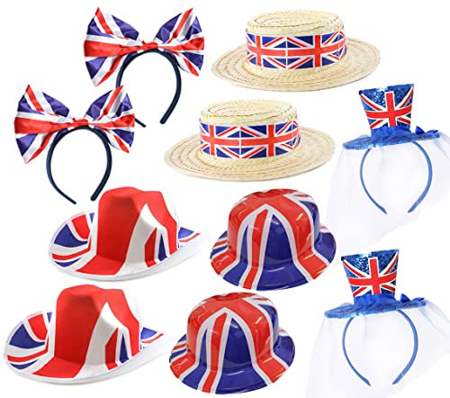 Union Jack Hut-Set – 2 x Union Jack Schleife Stirnband, 2 x Union Jack Bootsfahrer, 2 x Union Jack Cowboy Hüte, 2 x Union Jack Fascinator Hüte – King 's Coronation Street Party Zubehör Set