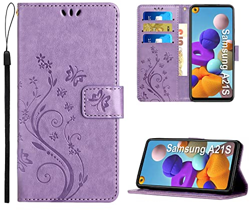 Anshow Lederhülle mit Samsung Galaxy A21S Hülle, Handyhülle für Samsung Galaxy A21S, Flip Wallet Hülle Leder Tasche Schutzhülle, Helles Lila