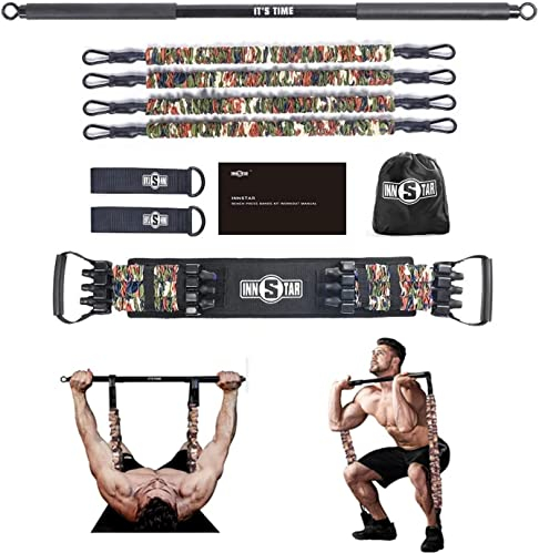 INNSTAR Portable Home Gym, Verstellbares Widerstandsband mit Stange und Kniebeugen-Bändern für Heimtraining, Bankdrücken Brusttrainer Resistance Band Set für Brust, Arm, Beintraining (150LB|Women)