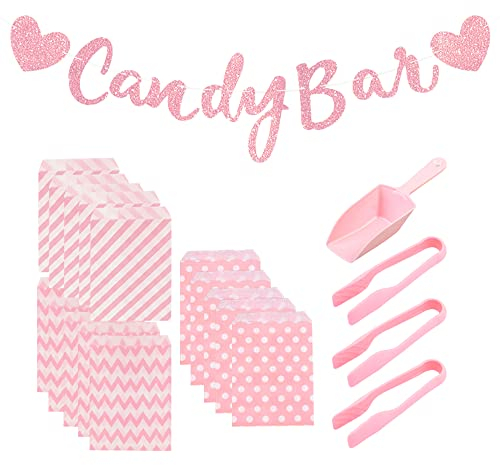 Sctmda Candy Bar Kits 3 Pièces Pinces à Sucre 75 Sachet Papier Bonbon et Candy Bar Banderole Pelle à Glace Accessoires de Bar à Bonbons Cuillères à Glace Sucre Ensemble Pinces Sucre