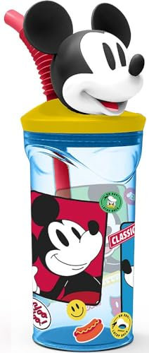 Tataway Vaso infantil reutilizable de plástico azul Mickey Mouse de Mickey Mouse de 360 ml con pajita y figura 3D del personaje