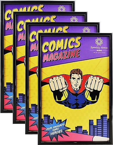 SparklyHome Comic-Bilderrahmen, 4 Stück, UV-Schutz, schwarze Display-Rahmen für aktuelle Comic-Bücher bis zu 17,6 x 26,7 cm, Wand- oder Tischdisplay