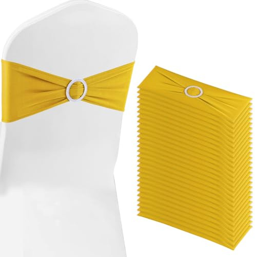 BOUBONI Gold Chair Sashes 50 Pack Spandex Stretch Chair Band Sashes with Buckles for Folding Chairs Wedding Party Reception Baby Shower Events Banquet Decorations
