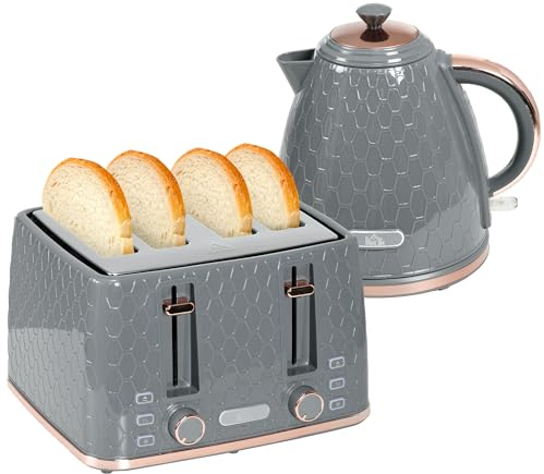 HOMCOM Kettle and Toaster Set, 1.7L 3000W Fast Boil Jug Kettle with Auto Shut Off, 4 Slice Toaster with 7 Level Browning Controls & Crumb Tray, Grey