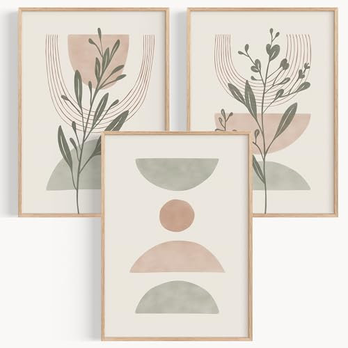 OHBIMBA® Sets Von 3 Poster & Kunstdrucke Mit Rahmen - Zimmer Deko Und Wanddeko Wohnzimmer - Deko Wohnzimmer und Bilder Schlafzimmer - Abstrakt Boho Deko - 50x70 cm - Mit Rahmen Holz