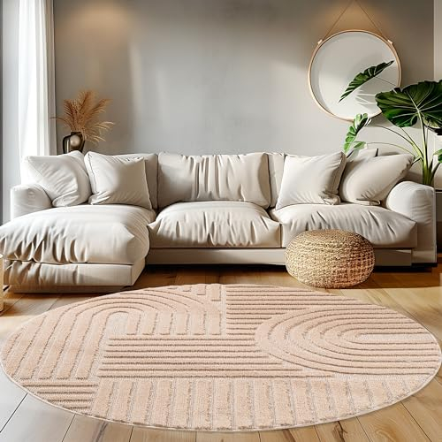 Teppium Tappeto soggiorno stile Scandinavo Boho con effetto alto-basso, tappeto decorativo, tappeto facile da curare, Tappeto Rosa 80 cm Rotondo