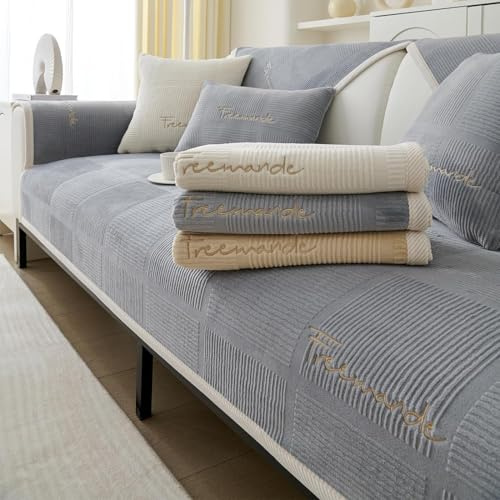 FASCINATDECO Couch Überzug, Sofa Überzug 1/2/3/4 Sitzer Sofabezug Ecksofa L Form, Sofaschoner rutschfest, Samt Sofa Sitzkissenbezug, Waschbar Couchbezug (Grau,70x120cm)