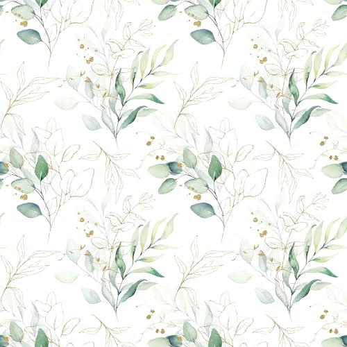 VEELIKE Papier Peint Feuillage Vert et Or Boho Papier Peint Feuilles Doré Vert Papier Peint Fleuri Blanc 44,5 cm x 300 cm Papier Peint Adhesif Mural Papier Collant pour Meuble Chambre Salle de Bain