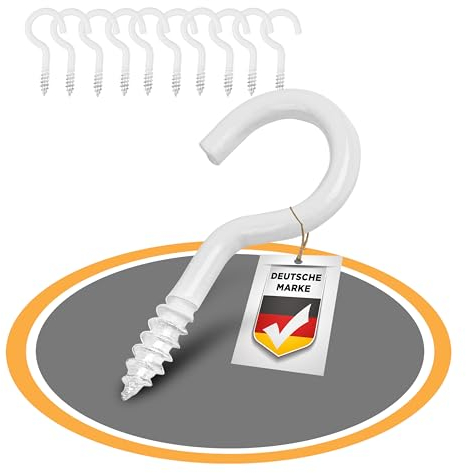 HENK Weiße Gebogene Schraubhaken Set: 10 robuste Eisen Epox-Hakenschrauben mit Gewinde. Ideal für Innen und Außen als Deckenhaken, Wandhaken und Befestigungshaken. (4.40x32/60)