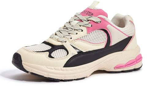 LUCKY STEP Chaussures de Running Femme – Baskets Chunky avec Semelle Épaisse, Respirantes, Légères et Confortables pour Marche, Mode Casual et Sport (Beige/Rose, 6US-36EU-3UK)