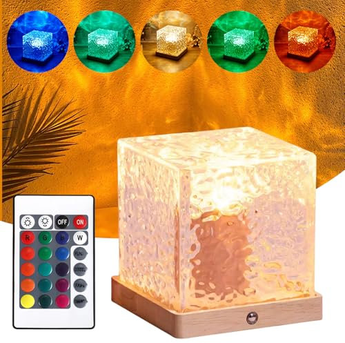 WIYETY Wave Lamp Mit Holzsockel, Quadrat Wasserwellen Lampe, LED Tischlampe aus Kristall mit 16 RGB Farbwechsel, Rotierender Wasserwellen-Lampenprojektor mit Fernbedienung für Schlafzimmer, Wohnzimme