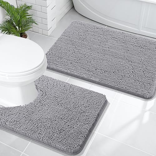 OLANLY Bathroom Rugs Sets 2 Piece, Soft Absorbent Chenille Bath Mats and U-Shaped Contour Toilet Mat Area Rug Set, Machine Washable Bath Carpet, Home Decor Accessories (30x20+24x20, Grey)