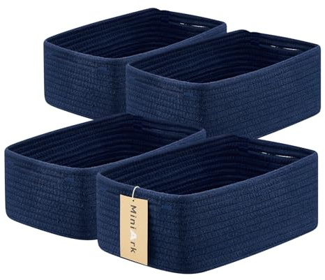 MiniArk Small Storage Baskets for Organizing | Closet Organizer Bins | Shelf Toy Basket | Woven Rope Baskets | Cube Decorative Box | Shallow Basket | 13x8.5x5.1” | 4 Packs Navy Blue