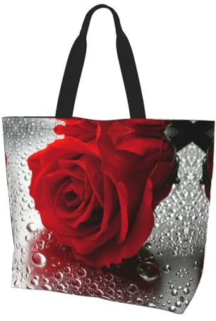 DNBCLEZK Rote Rose Blume Polyester Schultertasche große Tasche Tote Shopper mit trendigen Drucken, Uni für den täglichen Gebrauch für Damen und Herren (mehrere Muster-Designs), Schwarz